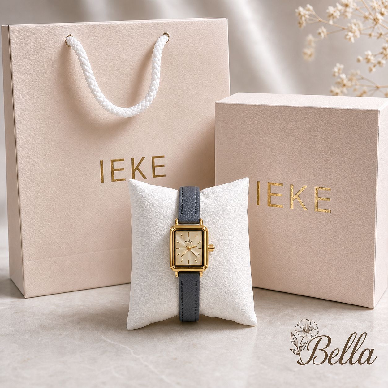 Montre IEKE Rectangulaire Cuir Bleu - Originale Coffret