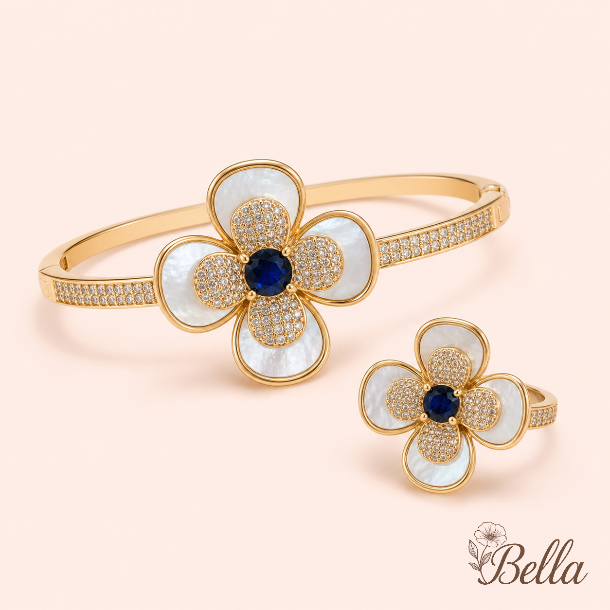 Bracelet & Bague Fleur – En Plaqué Or Garanti